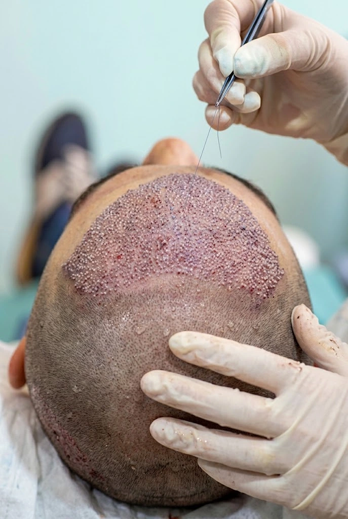 High-density hair graft implantation during a bio-enhanced FUE hair transplant procedure at Hair Clinic Dubai.
